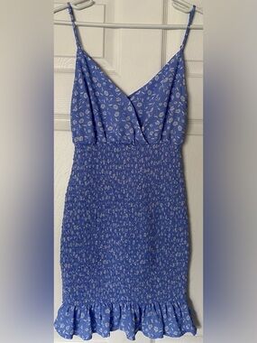 Love Tree Blue Floral Smocked Mini Dress Ruffle Hem Cottagecore Size S
